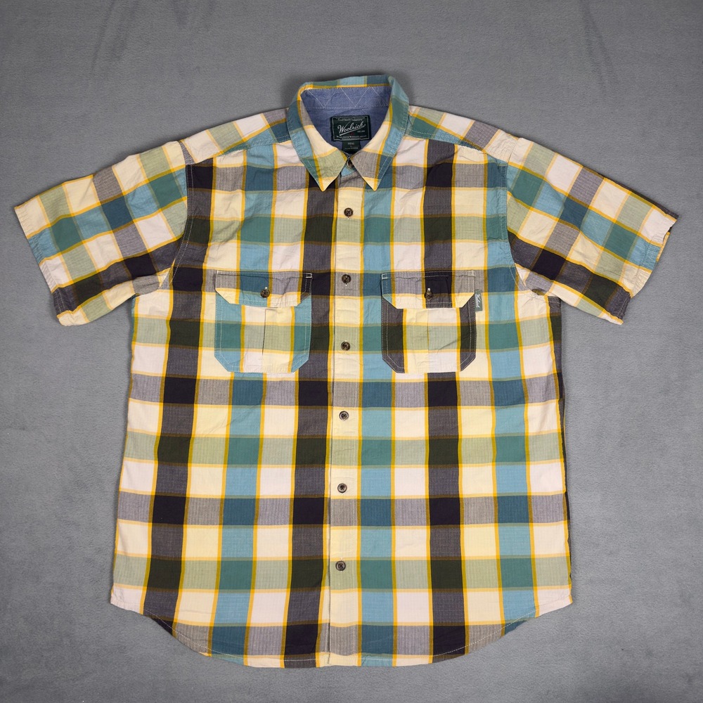 Woolrich Plaid Short Sleeve Button Down Camp Shirt Blue Yellow Dual Pocket L